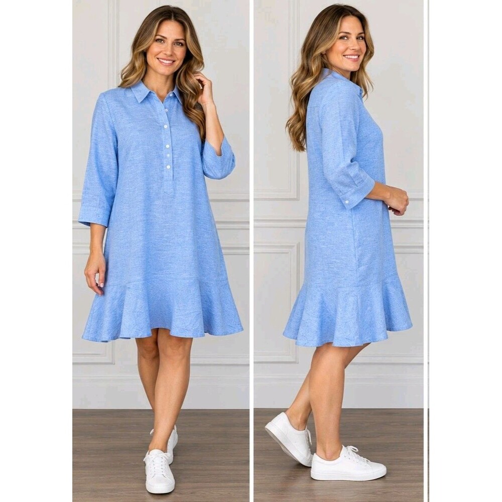 Morgan Taylor Blue Linen Blend Shirt Dress S Ruffle Hem Collared Coastal NWT